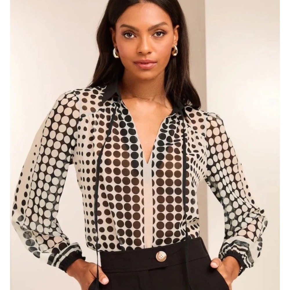 Lipsy London Black White V Neck Polka Dot Print Blouse Sheer US 10